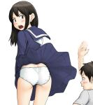  1boy 1girl bangs black_eyes black_hair blouse blue_blouse blue_sailor_collar blue_skirt blush commentary_request cowboy_shot crotch_seam frown long_hair long_sleeves looking_at_viewer looking_back maburu_(lojyq1eur3e8bit) miniskirt open_mouth original panties pleated_skirt sailor_collar school_uniform serafuku simple_background skirt skirt_flip standing underwear white_background white_panties 