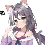  1girl :q absurdres animal_ear_fluff animal_ears arrow_(symbol) bangs bare_shoulders blush bright_pupils cat_ears cat_tail collarbone danyo_(chung0226) dress eyebrows_visible_through_hair flat_chest food gold_trim grey_hair highres holding karyl_(princess_connect!) long_hair looking_at_viewer low_twintails multicolored_hair off_shoulder popsicle princess_connect! princess_connect!_re:dive purple_dress simple_background solo streaked_hair tail tongue tongue_out twintails upper_body white_background 