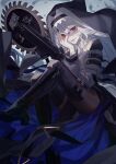  1girl arknights belt boots headdress highres holding holding_weapon jewelry ji_mag_(artist) knee_boots long_hair looking_at_viewer necklace nun red_eyes solo specter_(arknights) thighhighs weapon white_hair yandere 