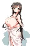  1girl bangs black_hair blush bow breasts brown_eyes closed_mouth gigantic_breasts highres holding holding_towel huge_breasts iwato_kasumi large_breasts long_hair looking_at_viewer low_ponytail momoiro_tunozemi saki simple_background smile solo towel very_long_hair white_background white_bow 