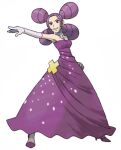  1girl dress fantina_(pokemon) full_body gloves gym_leader high_heels long_hair lowres official_art outstretched_arm parted_lips pokemon pokemon_(game) pokemon_dppt purple_dress purple_eyes purple_footwear purple_hair quad_tails smile solo standing sugimori_ken transparent_background 