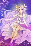  1girl aizen_(syoshiyuki) bare_shoulders commentary_request cure_earth dress earrings elbow_gloves eyelashes fuurin_asumi gloves hair_ornament happy healin&#039;_good_precure highres jewelry long_hair looking_at_viewer magical_girl precure purple_dress purple_eyes purple_hair smile solo starry_background very_long_hair white_gloves 