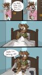  anthro bedroom blush bottomwear canid canine canis cervid clothing comic darwin_(tinydeerguy) dialogue domestic_dog duo english_text erection green_clothing green_shirt green_topwear grey_bottomwear grey_clothing grey_pants hi_res inside light_switch male mammal masturbation matt_riskely opening_door pants pillow pink_clothing pink_shirt pink_topwear shirt t-shirt text tinydeerguy topwear 