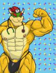  2019 abs accessory anthro barazoku biceps big_muscles bowser bulge clothing cock_ring doctor drugs flexing genitals hair head_mirror hi_res horn jewelry koopa looking_at_viewer male mario_bros medical_instrument muscular muscular_anthro muscular_male nanbuskhan navel nintendo nipples pattern_background pecs penis penis_accessory penis_jewelry pills quads scalie scientific_instrument simple_background smile solo stethoscope thong underwear video_games 