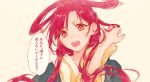  1girl :o hair_rings head_tilt highres long_hair looking_at_viewer magi_the_labyrinth_of_magic red_eyes red_hair ren_kougyoku shirane_rine signature solo speech_bubble translation_request upper_body 
