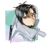  1boy apex_legends black_eyes black_hair cropped_torso crypto_(apex_legends) cyborg expressionless from_above grey_jacket husagin jacket looking_back male_focus parted_hair science_fiction solo upper_body 