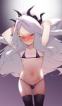  1girl arms_behind_head bikini black_legwear blue_archive blush breasts groin hair_ornament hairclip highres hina_(blue_archive) horns long_hair looking_at_viewer micro_bikini navel parted_lips purple_bikini purple_eyes small_breasts solo suruga_kreuz sweat swimsuit thighhighs very_long_hair white_hair 