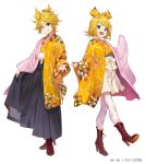  1boy 1girl :d artist_name blonde_hair blue_eyes blush boots bow brother_and_sister brown_footwear hair_bow hakama_skirt haori high_heel_boots high_heels japanese_clothes kagamine_len kagamine_rin long_sleeves looking_at_viewer medium_hair open_mouth pantyhose ponytail shirabi short_hair short_ponytail siblings simple_background skirt smile vocaloid watermark white_background white_skirt 