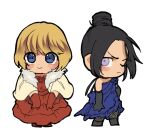  2girls alternate_costume apex_legends black_gloves black_hair blue_dress blue_eyes blush chibi dress elbow_gloves frown fur_trim gloves hair_behind_ear hair_bun husagin lichtenberg_figure multiple_girls one_eye_closed purple_eyes red_dress red_gloves scar scar_on_cheek scar_on_face shawl short_hair smile wattson_(apex_legends) wraith_(apex_legends) 