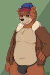  absurd_res anthro belly black_eyes brown_body brown_fur bulge clothed clothing darknetic digital_media_(artwork) disney ducktales ducktales_(2017) fur hat headgear headwear hi_res jacket kit_cloudkicker male mammal open_clothing overweight overweight_anthro overweight_male pilot_uniform simple_background smile solo talespin topwear underwear ursid 