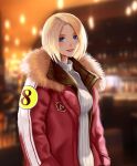  1girl absurdres alternate_costume blonde_hair blue_eyes blue_mary blurry blurry_background booger_wang breasts casual coat collar fatal_fury forehead fur_collar hands_in_pockets highres lips looking_at_viewer medium_breasts night open_clothes open_coat parted_hair red_collar ribbed_sweater short_hair smile solo straight_hair sweater the_king_of_fighters turtleneck turtleneck_sweater white_sweater winter_clothes winter_coat 