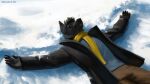  16:9 5_fingers anthro black_body black_fur black_hair black_nose canid canine canis clothed clothing ears_up eyes_closed fingers fur geewolf hair lying male mammal scarf smile solo widescreen wolf 
