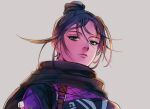  1girl apex_legends bangs black_hair black_scarf blue_eyes bodysuit expressionless floating_hair grey_background hair_behind_ear hair_bun looking_at_viewer looking_down mizu_cx parted_bangs scarf solo upper_body wraith_(apex_legends) 