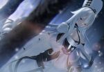  1girl azur_lane black_gloves black_neckwear blue_eyes breasts cleavage coat dress dutch_angle fur-trimmed_coat fur_trim gloves hair_between_eyes highres ice_crystal large_breasts long_dress long_hair looking_at_viewer megumi_kei open_clothes open_coat scenery scepter snowing solo sovetsky_soyuz_(azur_lane) very_long_hair white_dress white_hair white_headwear 