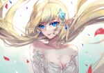 1girl bangs bare_shoulders blonde_hair blue_eyes breasts character_request cleavage detached_sleeves earrings eyebrows_visible_through_hair fairy hair_ornament highres jewelry long_hair looking_at_viewer maplestory medium_breasts parted_lips petals pointy_ears rose_petals smile solo upper_body vardan very_long_hair 