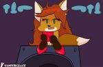  bottomless canid canine clothed clothing female fox friday_night_funkin gesture green_eyes hair hi_res kamperkiller_(artist) mammal pointing pointing_at_pussy red_hair solo speaker upskirt 