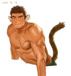  1boy abs animal_ears bara blush character_request cropped_legs gimseonghoe jaguar_ears jaguar_tail large_pectorals looking_at_viewer male_focus muscular muscular_male nipples short_hair sideburns simple_background smile solo stomach tail tokyo_houkago_summoners underwear underwear_only veins 
