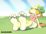  4_toes animal_crossing anthro barefoot bottomwear canid canine canis clothing detectivebubble domestic_dog eyes_closed feet female foot_focus footwear hi_res isabelle_(animal_crossing) mammal nintendo plant shih_tzu shoes sitting skirt solo toes toy_dog tree video_games 