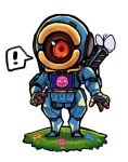  ! 1boy apex_legends blue_flower bug butterfly chibi flower highres humanoid_robot husagin insect looking_at_viewer no_humans one-eyed open_hands pathfinder_(apex_legends) pink_flower red_eyes science_fiction solo spoken_exclamation_mark standing white_background yellow_flower 