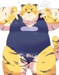  0119_muu 2021 anthro blush clothed clothing eyes_closed felid genitals hi_res humanoid_genitalia humanoid_hands humanoid_penis japanese_text kemono male mammal overweight overweight_anthro overweight_male pantherine penis simple_background solo text tiger wardrobe_malfunction white_background 