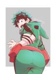  1boy ass bangs belt bodysuit boku_no_hero_academia commentary_request cowboy_shot elbow_gloves freckles from_behind gloves green_bodysuit green_eyes green_hair grey_background hood leaning_forward looking_back male_focus midoriya_izuku open_mouth red_belt short_hair solo tonomayo white_background white_gloves 