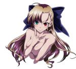  1girl ahoge bangs blonde_hair blue_bow bow breasts completely_nude cropped_torso eyebrows_visible_through_hair hair_bow heterochromia long_hair looking_at_viewer lyrical_nanoha mahou_shoujo_lyrical_nanoha mahou_shoujo_lyrical_nanoha_strikers medium_breasts nude smile solo tappa_(esperanza) vivio white_background 
