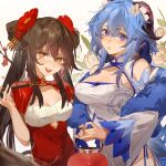  2girls 9degree absurdres blue_dress blue_hair breasts brown_hair china_dress chinese_clothes commentary dress feather_boa flower ganyu_(genshin_impact) genshin_impact hair_bun hair_flower hair_ornament highres holding horns hu_tao lantern large_breasts looking_at_viewer multiple_girls open_mouth orange_eyes pipe pom_pom_(clothes) purple_eyes red_dress 