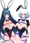  2girls animal_ears artist_name bangs between_breasts blue_eyes blush bow bowtie breasts bunny_ears card cleavage detached_collar ett fake_animal_ears frown highres large_breasts last_origin light_blue_hair long_hair multiple_girls oberonia_rhea paw_print playboy_bunny red_eyes short_hair shrug_(clothing) siblings simple_background sisters smile tattoo titania_frost twins very_long_hair watermark web_address white_background 