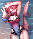  2021 5_fingers absurd_res anthro breasts digital_media_(artwork) female fin fingers fish hair hi_res marine non-mammal_breasts partially_submerged pink_hair shark solo tongue xaenyth 