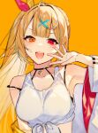  1girl armpits bangs blonde_hair blue_hair eyebrows_visible_through_hair hair_intakes hair_ornament hair_ribbon heterochromia highres hoshikawa_sara kayahara looking_at_viewer midriff multicolored_hair nijisanji open_mouth orange_background pink_nails ponytail red_ribbon ribbon shirt simon_(ttgl) solo streaked_hair tank_top two-tone_hair virtual_youtuber white_shirt x_hair_ornament 