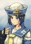  0g0nn 1girl april_(guilty_gear) black_hair blue_eyes english_text fingerless_gloves gloves guilty_gear guilty_gear_xrd hat highres looking_at_viewer portrait rudder sailor sailor_hat short_hair smile straight_hair 