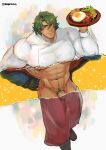  1boy abs alternate_costume alternate_pectoral_size bara chef_uniform dark_skin dark_skinned_male foot_out_of_frame green_hair highres holding holding_plate impossible_clothes joe_(sk8) large_pectorals looking_at_viewer male_focus male_pubic_hair medium_hair muscular muscular_male navel navel_hair nipples penis plate pubic_hair revealing_layer robokeh shirt sk8_the_infinity solo stomach tight_shirt 