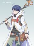  1boy ahoge belt_pouch black_shirt blue_eyes blue_hair copyright_name glasses grey_background highres holding holding_weapon hood hood_down light_smile log_horizon long_sleeves male_focus pants pouch robe scroll shiroe shirt simple_background solo staff standing tetena18 weapon 