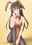  1girl animal_ears anti_(untea9) black_hair black_legwear bow bowtie breasts brown_leotard brown_neckwear bunny_ears bunny_tail cleavage commentary_request detached_collar glasses gradient gradient_background green_eyes highres kantai_collection leotard long_hair looking_at_viewer medium_breasts ooyodo_(kancolle) pantyhose playboy_bunny semi-rimless_eyewear sitting solo tail under-rim_eyewear wrist_cuffs yellow_background 