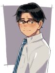  1boy apex_legends black_eyes black_hair blue_neckwear blush collared_shirt crypto_(apex_legends) from_side glasses highres husagin looking_at_viewer necktie parted_hair shirt smile solo upper_body white_shirt 