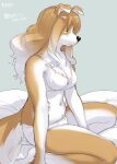  belly blush breasts canid canine canis clothing domestic_dog female fur hair kikurage koriyama_meiko mammal ribbons simple_background solo tan_body tan_fur underwear white_belly white_clothing white_underwear 