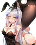  1girl animal_ears arms_behind_back ass bangs bare_shoulders black_legwear black_neckwear blue_hair blush breasts bunny_ears bunny_tail cleavage closed_mouth collarbone eyebrows_visible_through_hair flustered girls_frontline green_eyes hair_ornament highres hk416_(girls_frontline) long_hair meow_nyang nipples playboy_bunny solo tail 