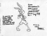  anthro barefoot black_and_white bottomwear clothing concept_art english_text female hair lagomorph leporid lola_bunny looney_tunes mammal monochrome notes rabbit shirt short_hair shorts smile solo space_jam tank_top text topwear towel unknown_artist warner_brothers 
