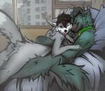  5_fingers angiewolf anthro bed black_nose butt canid canine canis couple_(disambiguation) duo eyes_closed fingers fur furniture green_body green_fur grey_body grey_fur hair happy hug leash love male male/male mammal nude open_eye raised_tail smile teeth tongue tongue_out window wolf 