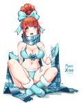  1girl aqua_bikini aqua_bow aqua_footwear aqua_mittens bikini blue_scarf boots bow breasts cleavage full_body fur_trim hair_bow hair_bun highres kenron_toqueen large_breasts merry_christmas mittens no_nose open_mouth original print_scarf red_hair scarf shadow simple_background sitting solo swimsuit tomatita white_background 