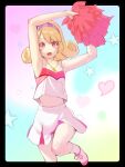  1girl :d arms_up bangs bare_arms bare_shoulders breasts cheerleader cleavage collarbone commentary_request curly_hair hairband heart highres hinata_yume holding holding_pom_poms leg_up looking_at_viewer mak_neutral medium_hair mewkledreamy miniskirt multicolored_background pink_eyes pink_pupils pom_pom_(cheerleading) purple_hairband skirt smile solo star_(symbol) swept_bangs tank_top teeth 