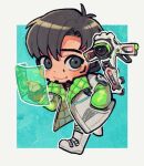  1boy apex_legends black_eyes black_gloves black_hair boots chibi crypto_(apex_legends) cyborg drone flying gloves green_sleeves hand_in_pocket holographic_monitor husagin jacket male_focus partially_fingerless_gloves pointing science_fiction solo white_footwear white_jacket 