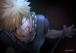  1boy angry artist_name bakugou_katsuki bangs black_background blonde_hair boku_no_hero_academia chain chained collarbone commentary_request glowing glowing_eye grey_shirt highres looking_at_viewer male_focus red_eyes sharp_teeth shirt short_hair short_sleeves solo spiked_hair teeth tonomayo twitter_username upper_body 