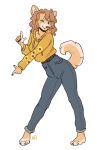  2021 5_fingers anthro belt bottomwear breasts brown_hair brown_nose canid canine canis clothed clothing denim denim_clothing domestic_dog female fingers fully_clothed hair jeans kaitycuddle kiba_(trash~hound) mammal one_eye_closed pants shiba_inu simple_background smile solo spitz standing sweater topwear white_background wink yellow_clothing yellow_sweater yellow_topwear 