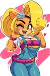  &lt;3 2021 5_fingers activision anthro areola bandicoot belt blonde_hair blush breasts clothing coco_bandicoot crash_bandicoot_(series) ear_piercing ear_ring eyewear female fingers goggles goggles_on_head green_eyes hair hi_res long_hair looking_at_viewer mammal marsupial mergeritter one_eye_closed open_mouth open_smile piercing signature smile solo teeth tongue video_games wink 