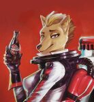  alternate_species anthro bethesda_softworks beverage blonde_hair canid canine canis clothing domestic_dog edit fallout female gloves hair handwear jet_pack lipstick looking_at_viewer lordflawn makeup mammal narrowed_eyes nuka-cola nuka-girl official_art red_background short_hair simple_background smile soda solo spacesuit video_games 