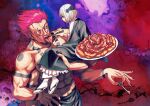  extra_eyes feeding food jujutsu_kaisen meat muscular red_hair ryoumen_sukuna_(jujutsu_kaisen) size_difference tattoo uraume_(jujutsu_kaisen) white_hair 