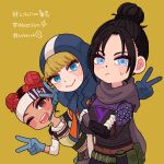  3girls apex_legends belt blue_eyes blue_sweater blush bodysuit brown_belt brown_eyes brown_scarf character_name chibi commentary crossed_arms dark_skin dark_skinned_female double_v freckles green_belt hair_behind_ear highres hiwori hood hood_up jacket lichtenberg_figure lifeline_(apex_legends) looking_at_viewer multiple_girls nose_piercing one_eye_closed orange_jacket piercing ribbed_sweater scar scar_on_cheek scar_on_face scarf smile sweater symbol_commentary v wattson_(apex_legends) wraith_(apex_legends) 