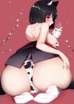  1girl absurdres animal_ear_fluff animal_ears animal_print ass azur_lane back bangs bare_back bare_shoulders bikini black_hair blush breasts cat_ears cotton_kanzaki cow_print eyebrows_visible_through_hair highres looking_at_viewer looking_back milk open_mouth red_eyes shiny shiny_skin short_hair simple_background soles solo swimsuit white_legwear yamashiro_(azur_lane) 