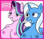  anthro anthrofied blue_eyes border breasts bust_portrait duo equid equine female female/female friendship_is_magic group hair hasbro horn horse mammal multicolored_hair my_little_pony nude pony portrait purple_border purple_eyes reddragonkan simple_background smile starlight_glimmer_(mlp) trixie_(mlp) unicorn white_background 